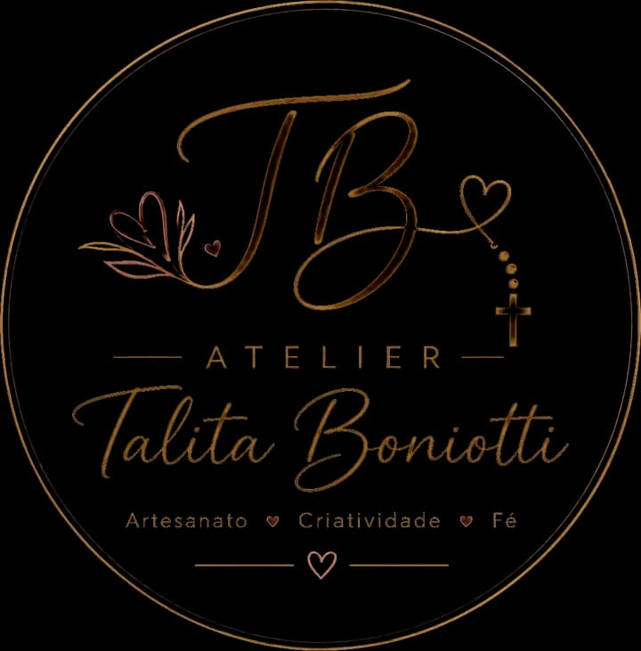 Logo do Atelier Talita Boniotti: monograma TB com terço e coração, Artesanato · Criatividade · Fé